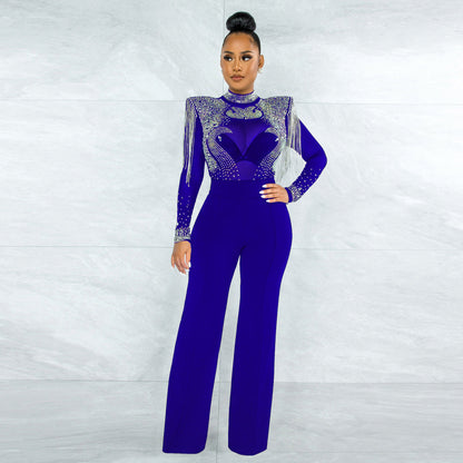 Slim Fit Turtleneck See Through Rhinestone Tassel Jumpsuit