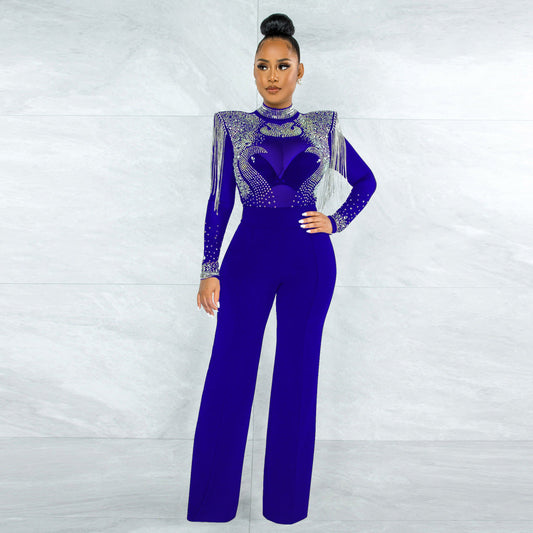 Slim Fit Turtleneck See Through Rhinestone Tassel Jumpsuit