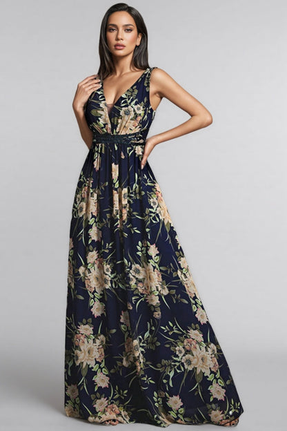 Hedar Deep V-neck Printed Maxi Dress