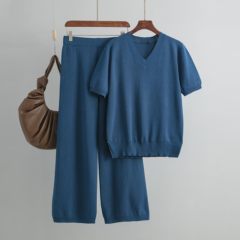 Suit V Neck Loose Slit Knit Sweater Top Two Piece Set High Waist Waist Drooping Straight Trousers