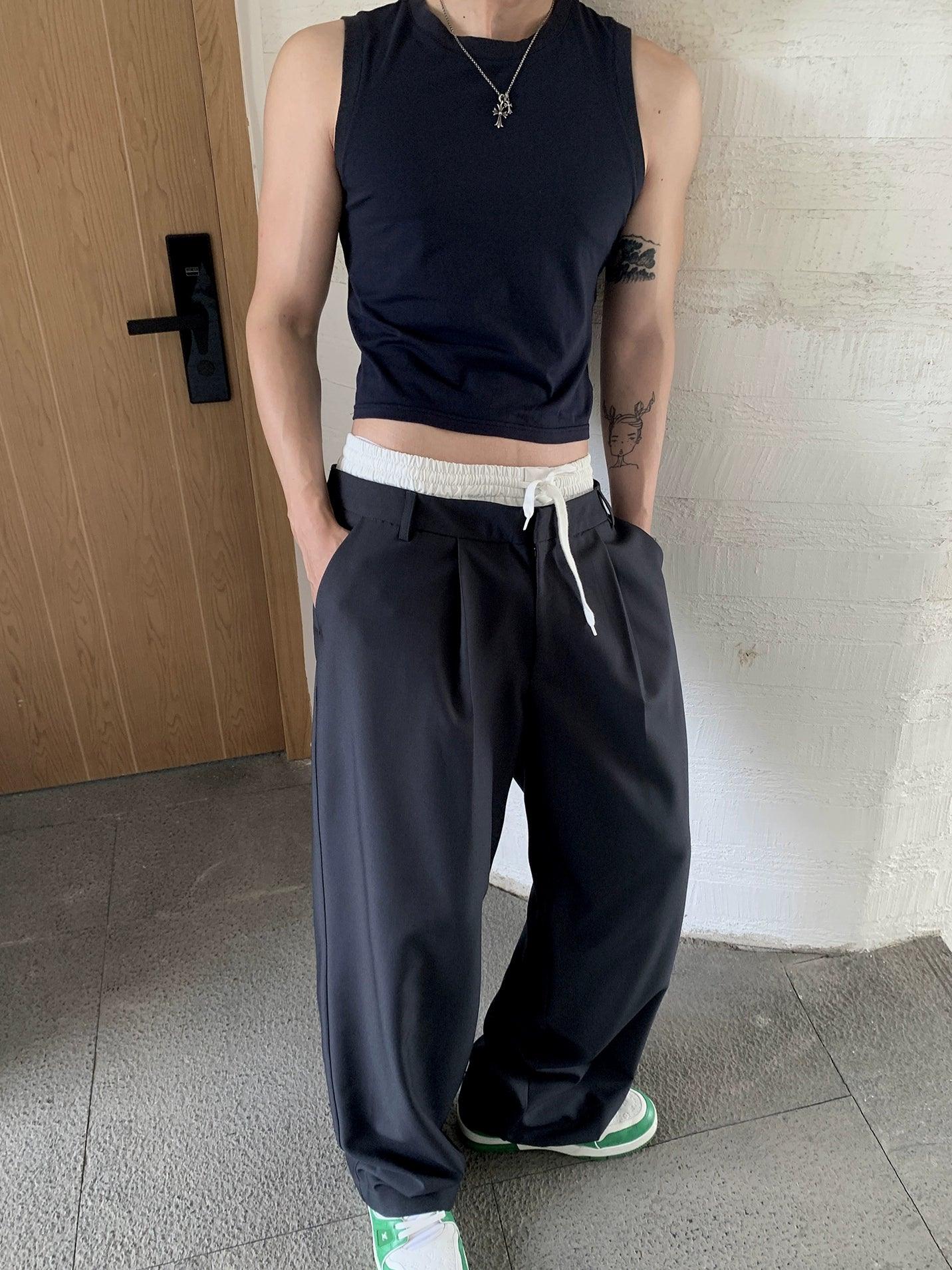 Weave Studio Navy Wide Leg Trousers - Elastic Waist Drawstring Pants With Pleated Front