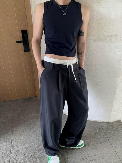 Weave Studio Navy Wide Leg Trousers - Elastic Waist Drawstring Pants With Pleated Front