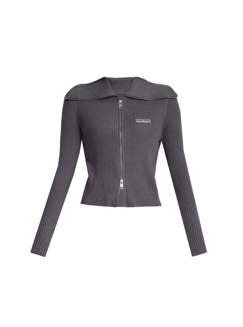 Ribbed Zip-front Cropped Cardigan - Fitted Long Sleeve Knit Top