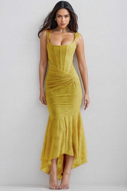 Kit Yellow Ruched Fishtail Maxi Dress
