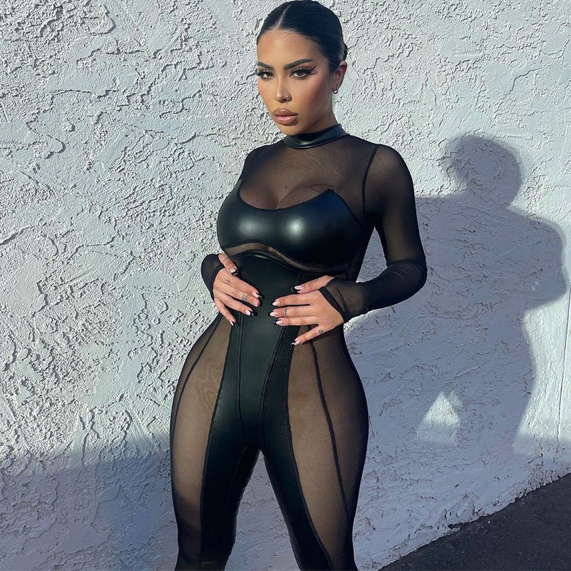 Clothing Autumn Stitching Mesh Round Neck Back Long Sleeve Zipper Jumpsuit