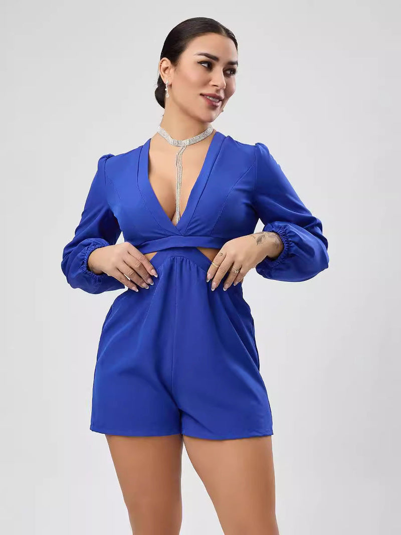 V Neck Lace Up Long Sleeved Jumpsuit Autumn Cutout Shorts