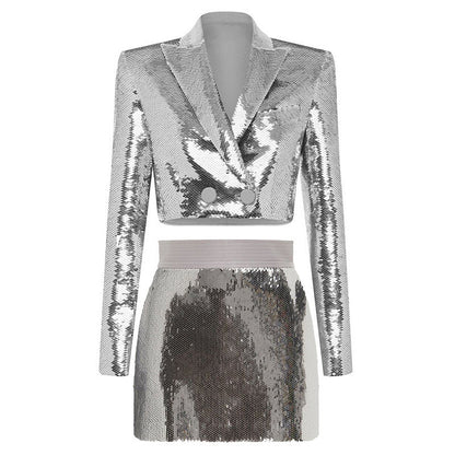 Metallic Coated Fabric Goods Personality Bling Bling Shiny Sequ Short Suit Mid Length Skirt Set Two Piece Set