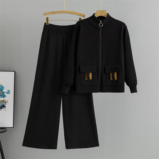 Black – Knitted Cardigan Wide-leg Pants Set