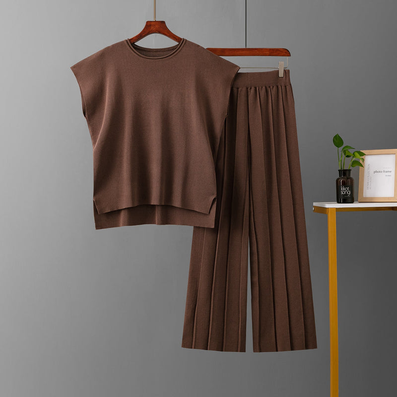 Summer Color Sleeveless Vest Sweater Wide Leg Pants Ice Silk Sets