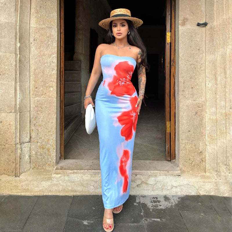 Clothing Summer Tube Top Print Slim Fit High Waist Slit Maxi Dress