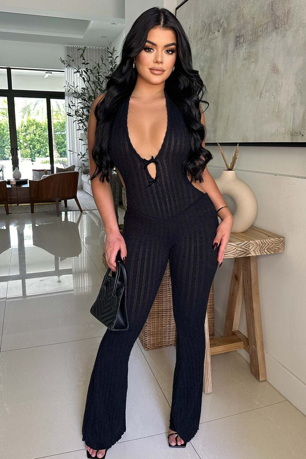 Summer Halter Slim Fit Lace Up Backless Jumpsuit Bell Bottom Pants Jumpsuit
