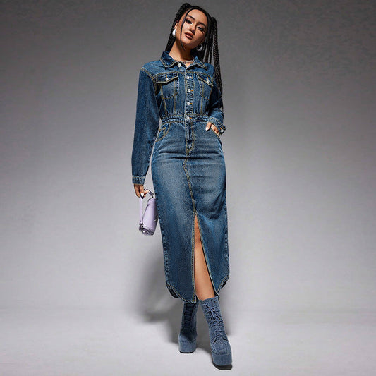 Clothing Collared Button Long Sleeve Split Denim Maxi Dress