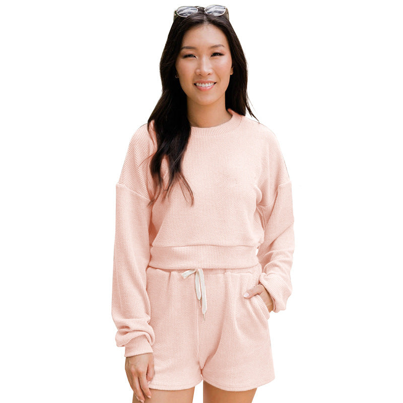 Autumn Winter Color Round Neck Pullover Long Sleeve Sweater Shorts Suit