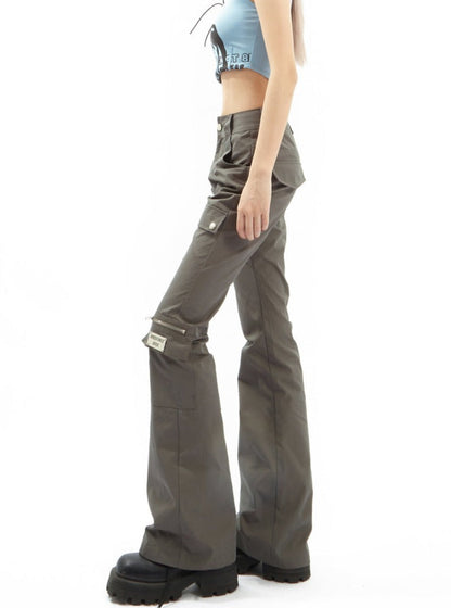 Black Flared Cargo Pants With Multiple Pockets