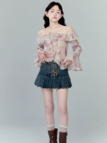 High Waist Pleated Skirt With Lace-up Detail