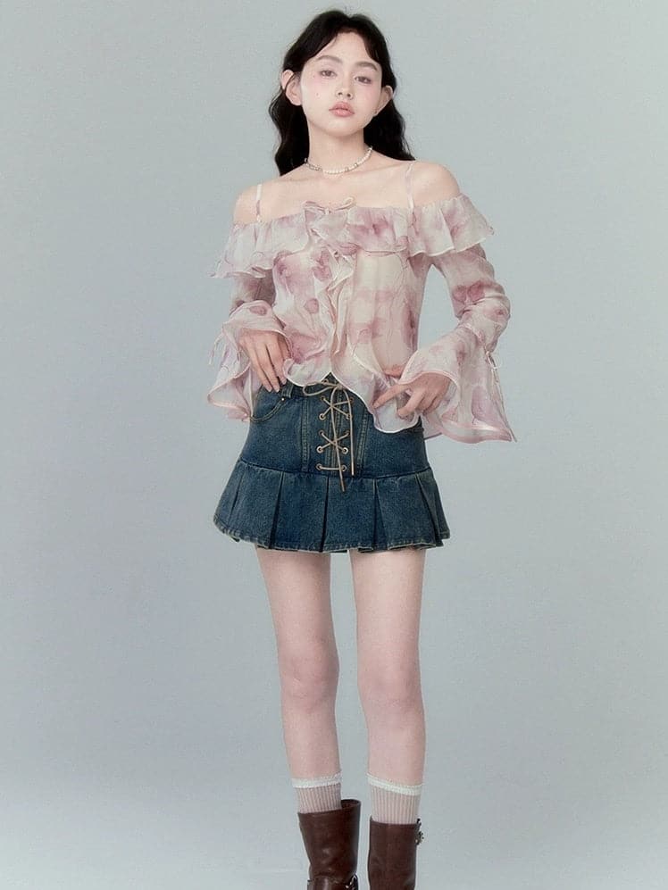 High Waist Pleated Skirt With Lace-up Detail