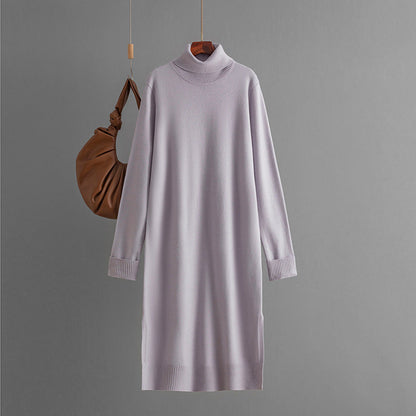 Clothing Autumn Winter Color Turtleneck Knitting Sweater Slit Bottoming Dress