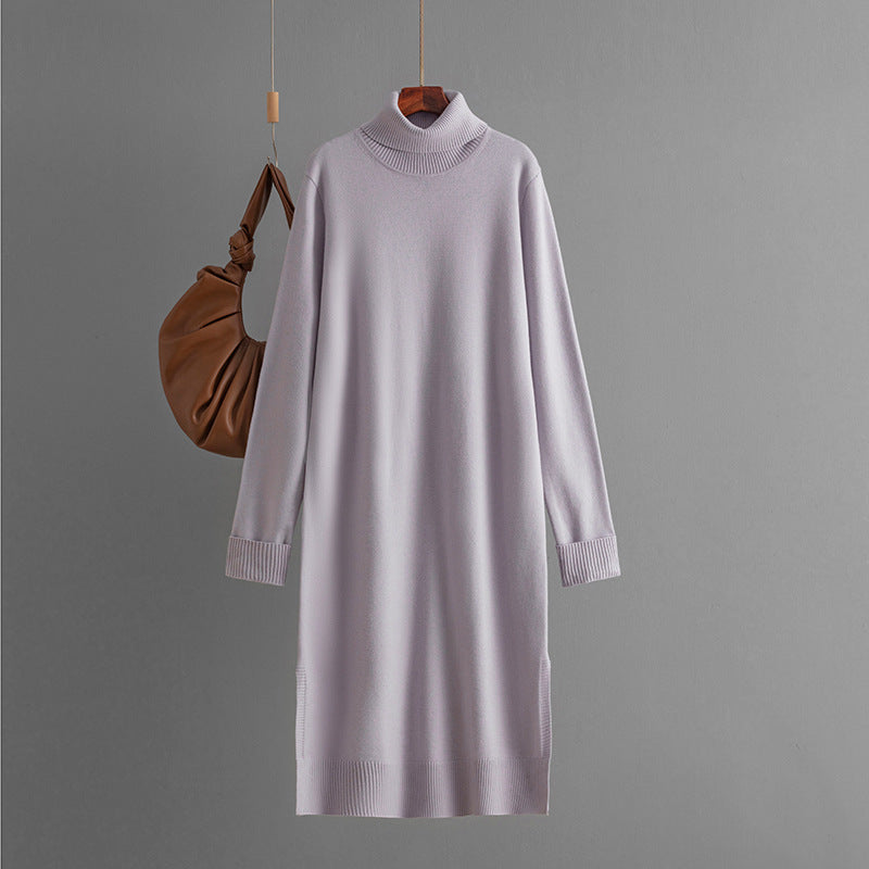 Clothing Autumn Winter Color Turtleneck Knitting Sweater Slit Bottoming Dress