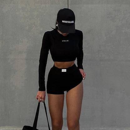 Knitted Round Neck Long Sleeve Short Shorts Two Piece Autumn Sports Suit