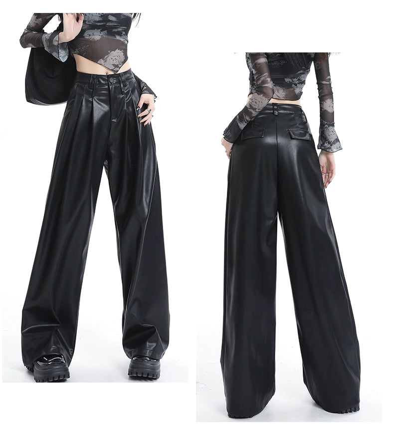 Coffee Wide-leg Pu Leather Pants