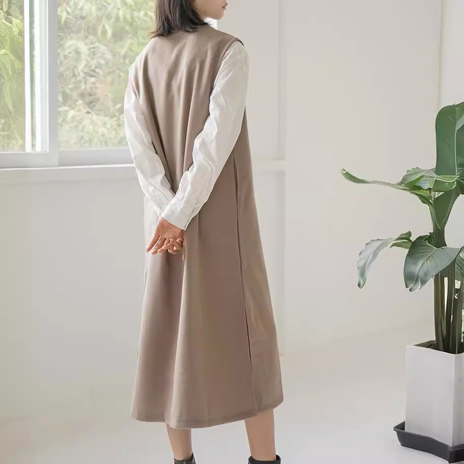 Real Shot Letian Autumn Winter 4 Color Woolen Coat V Neck Color Sleeveless Waistcoat Dress Outer Wear