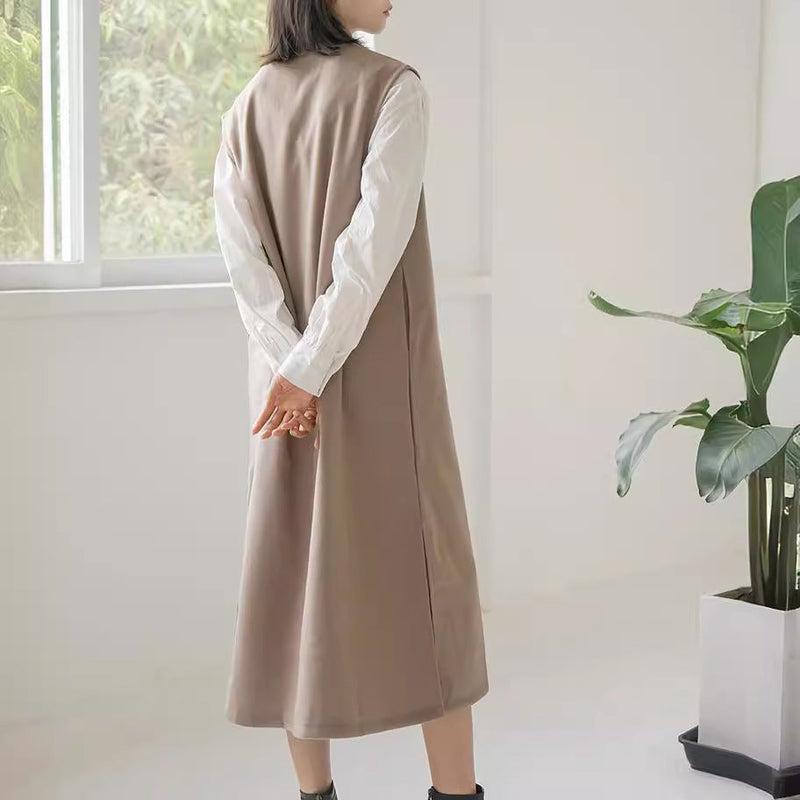 Real Shot Letian Autumn Winter 4 Color Woolen Coat V Neck Color Sleeveless Waistcoat Dress Outer Wear