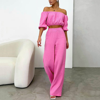 Two Piece Summer Pure Cotton Champray Color Off Neck Short Sleeved Top High Waist Wide Leg Pants Suit