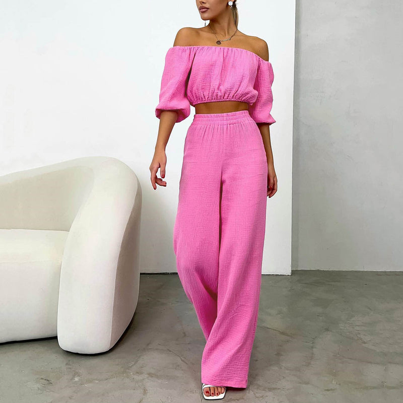 Two Piece Summer Pure Cotton Champray Color Off Neck Short Sleeved Top High Waist Wide Leg Pants Suit