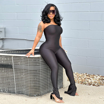 Clothing Off Neck Stitching High Elastic Slit Slim Fitting Jumpsuit
