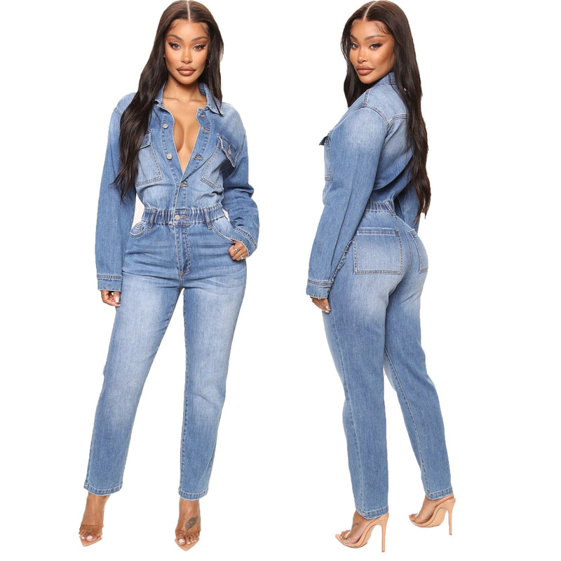 Slim Elastic Feet Wash Denim Jumpsuit