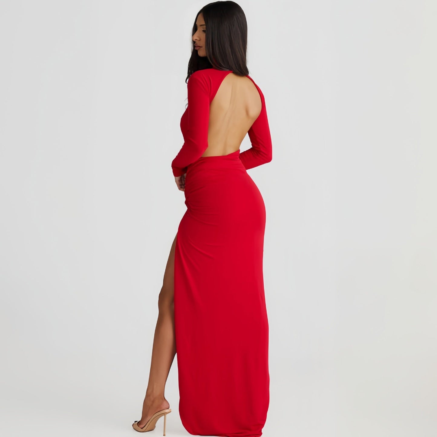 Autumn High Collar Backless Long Sleeves Jumpsuit Slit Dress