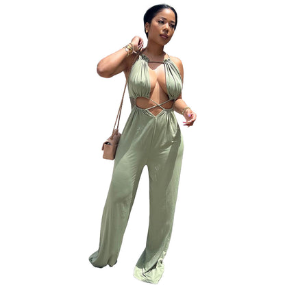 Irregular Asymmetric Lace Up Wrapped Chest Loose Wide Leg Jumpsuit