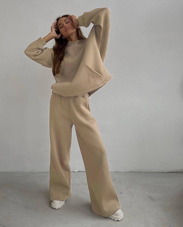 Autumn Winter Loose Exercise Hooded Sweater Set Straight Leg Pants Two Piece Set