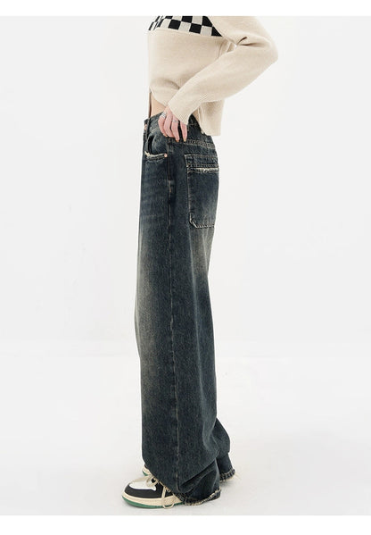 High Street Deep Blue Wide-leg Denim Pants