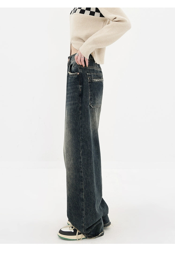 High Street Deep Blue Wide-leg Denim Pants