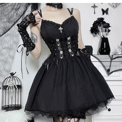 Wannathis Gothic Lolita Dress Set - Black Corset Mini Dress With Lace Bolero and Gloves