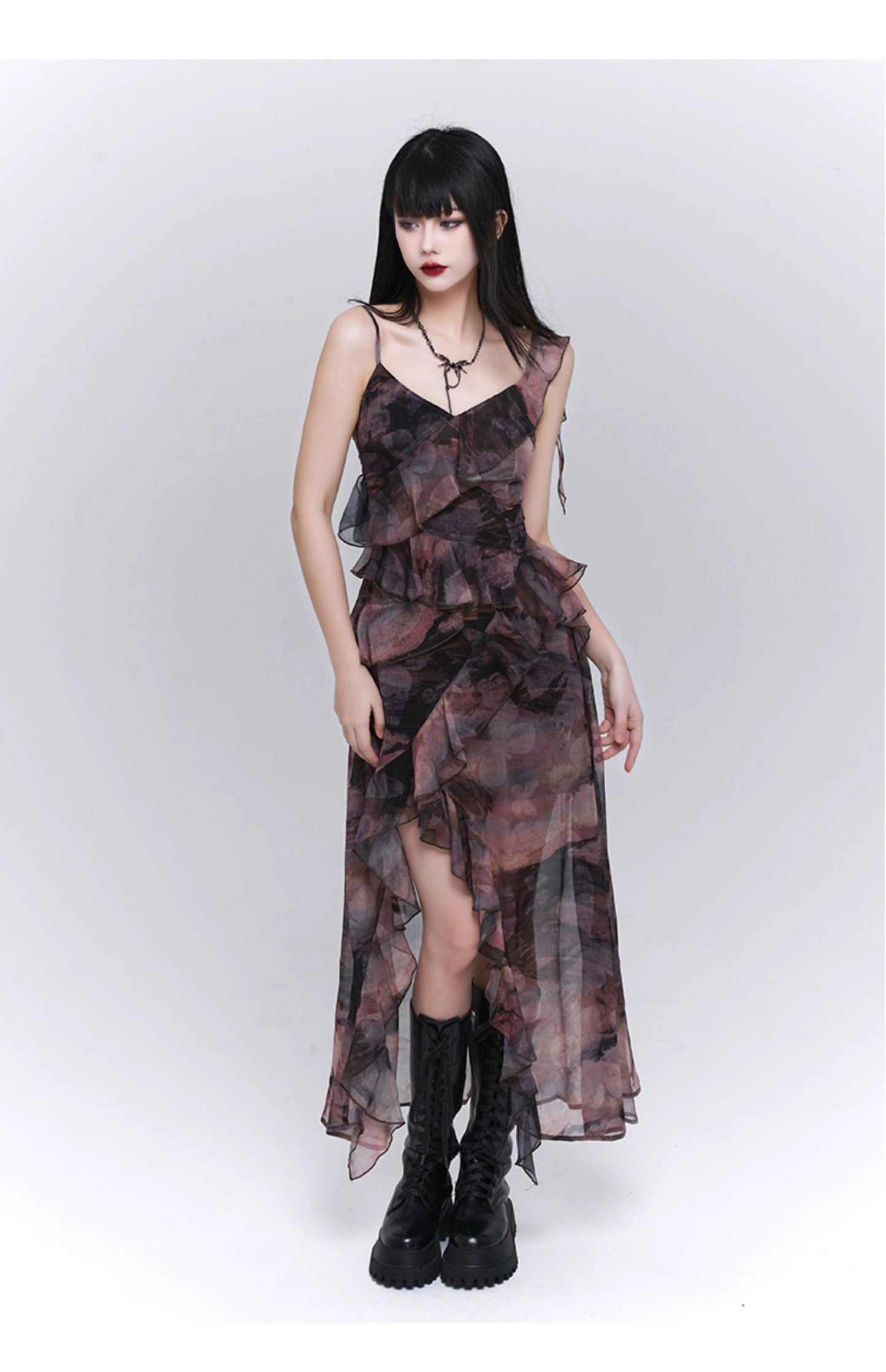Ladyghost Dark Glamour Asymmetrical Maxi Dress - Sheer Print Ruffle Dress With High Slit