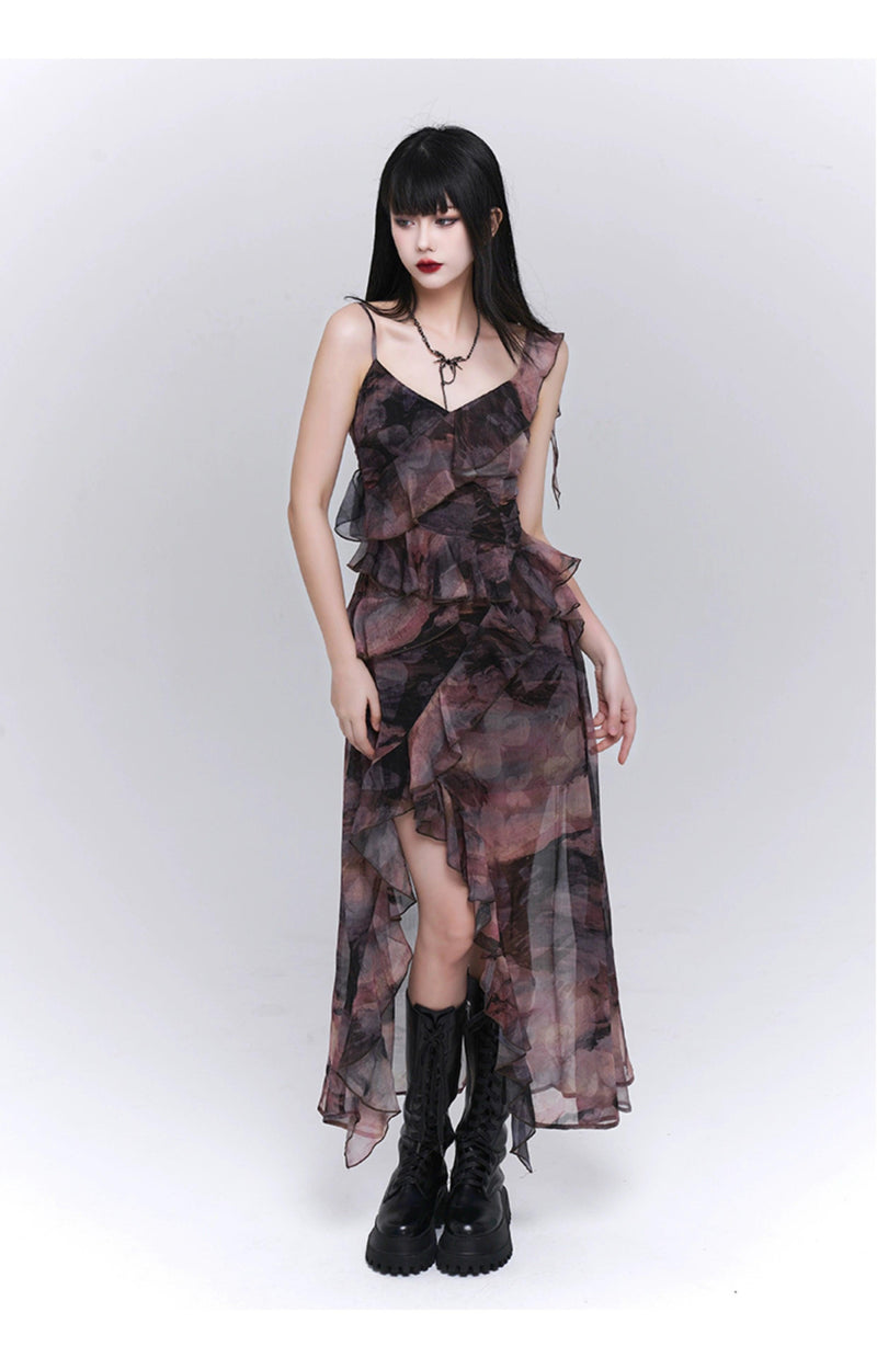 Ladyghost Dark Glamour Asymmetrical Maxi Dress - Sheer Print Ruffle Dress With High Slit