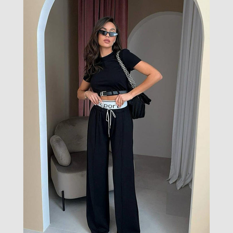 Short Sleeve Clothing High Grade Spring Cropped Belt Decorative Small Top Double Waist Sweatpants Two Piece Set