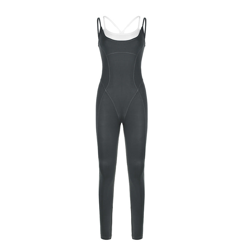 Sports Fashionable Clothing Faux Two Piece Split Fitness Yoga Straps Tight Jumpsuit Trousers