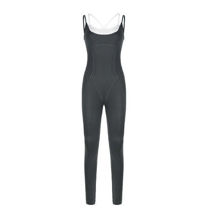 Sports Fashionable Clothing Faux Two Piece Split Fitness Yoga Straps Tight Jumpsuit Trousers