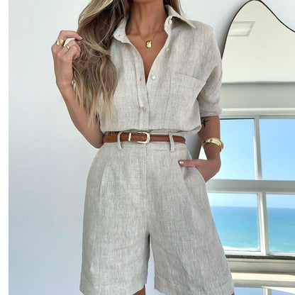 Color Long Sleeve Shirt Belt Shorts Set