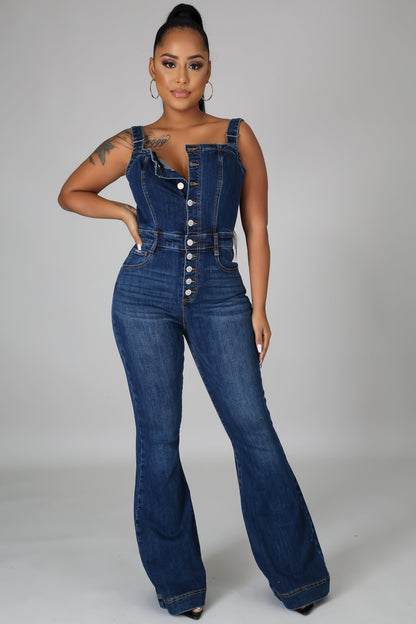 Platform Strap Denim Jumpsuit Wide Leg Pants