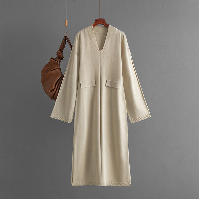 Autumn Winter V Neck Color Loose Knitted Dress Split Long Sleeve Long Dress