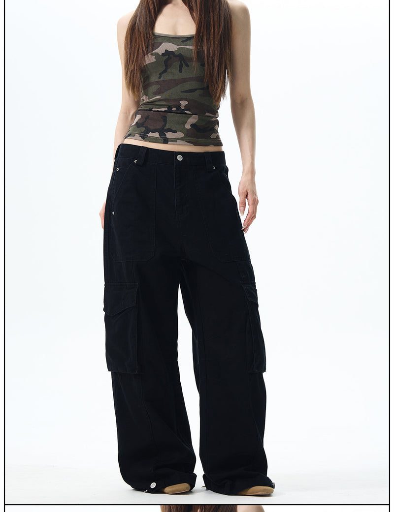 Wide Leg Cargo Pants in Beige & Black