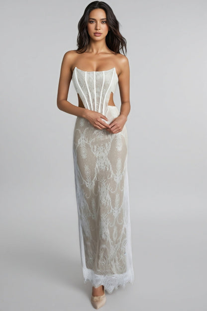Kaylk Beige Lace Maxi Dress