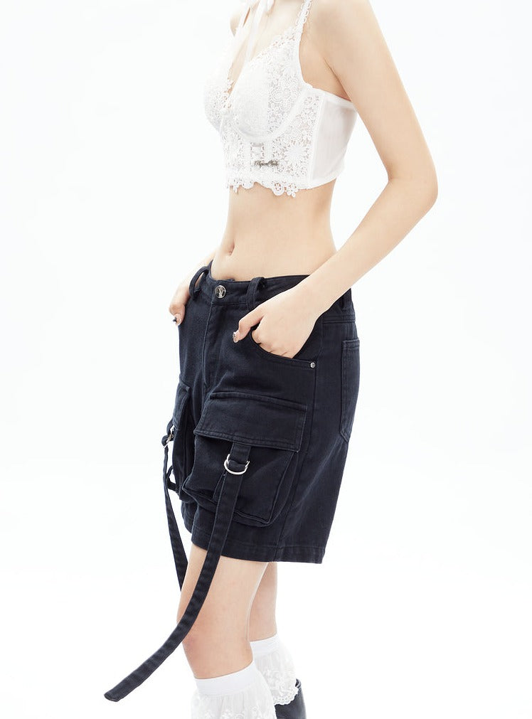 Black Cargo Shorts With Dangling Straps