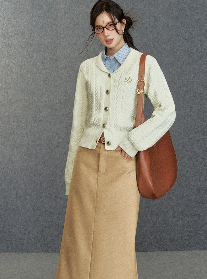 Cozy Cable Knit Cardigan: Classic V-neck Button-up Sweater With Embroidered Logo