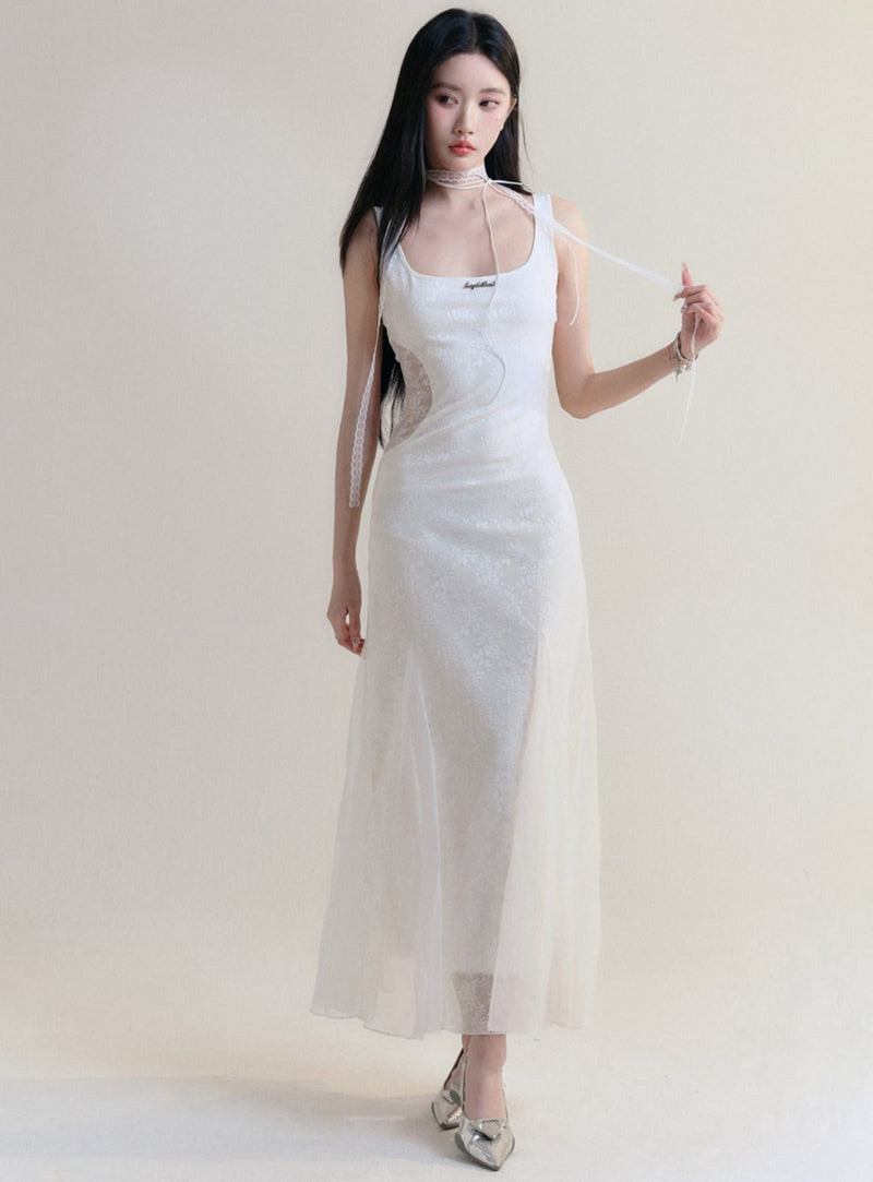 White Sleeveless Maxi Dress - Fitted Bodice With Flared Hem