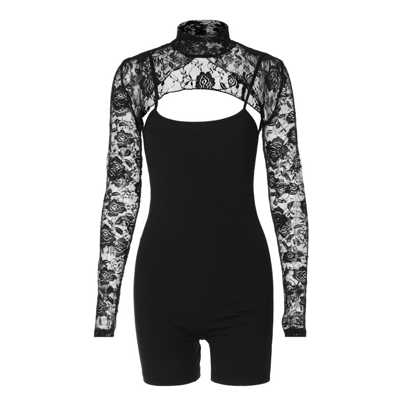 Clothing Spring Slim Strap Jumpsuit Lace Cappa Set
